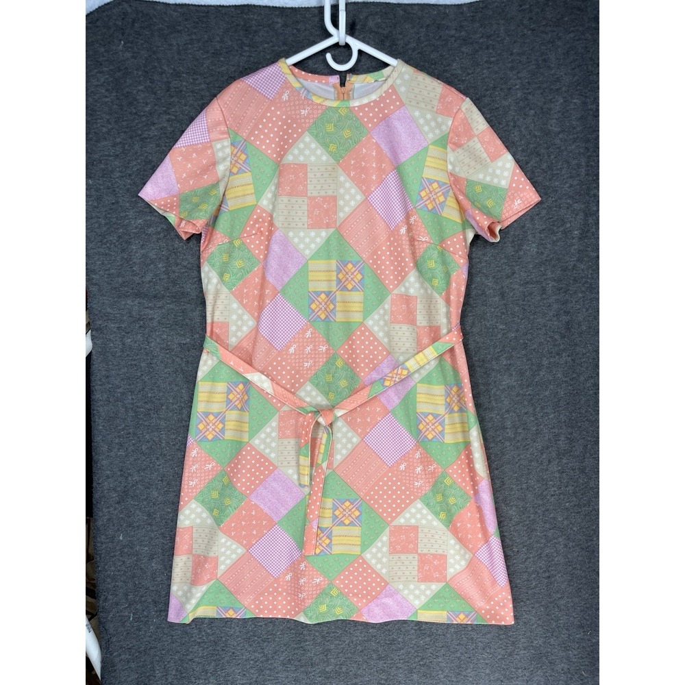 Vintage Dress Womens Plus 18W Pink Patchwork Belted 60s 70s Mod Go Go Hippie USA